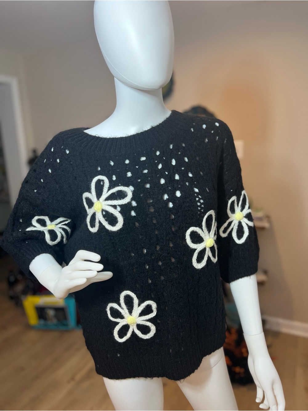 Black Floral Appliqué Crewneck Sweater
